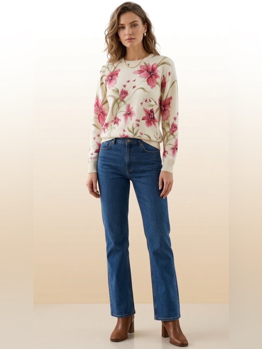 Alfred Dunner Cream & Pink Floral Print Crewneck Sweater